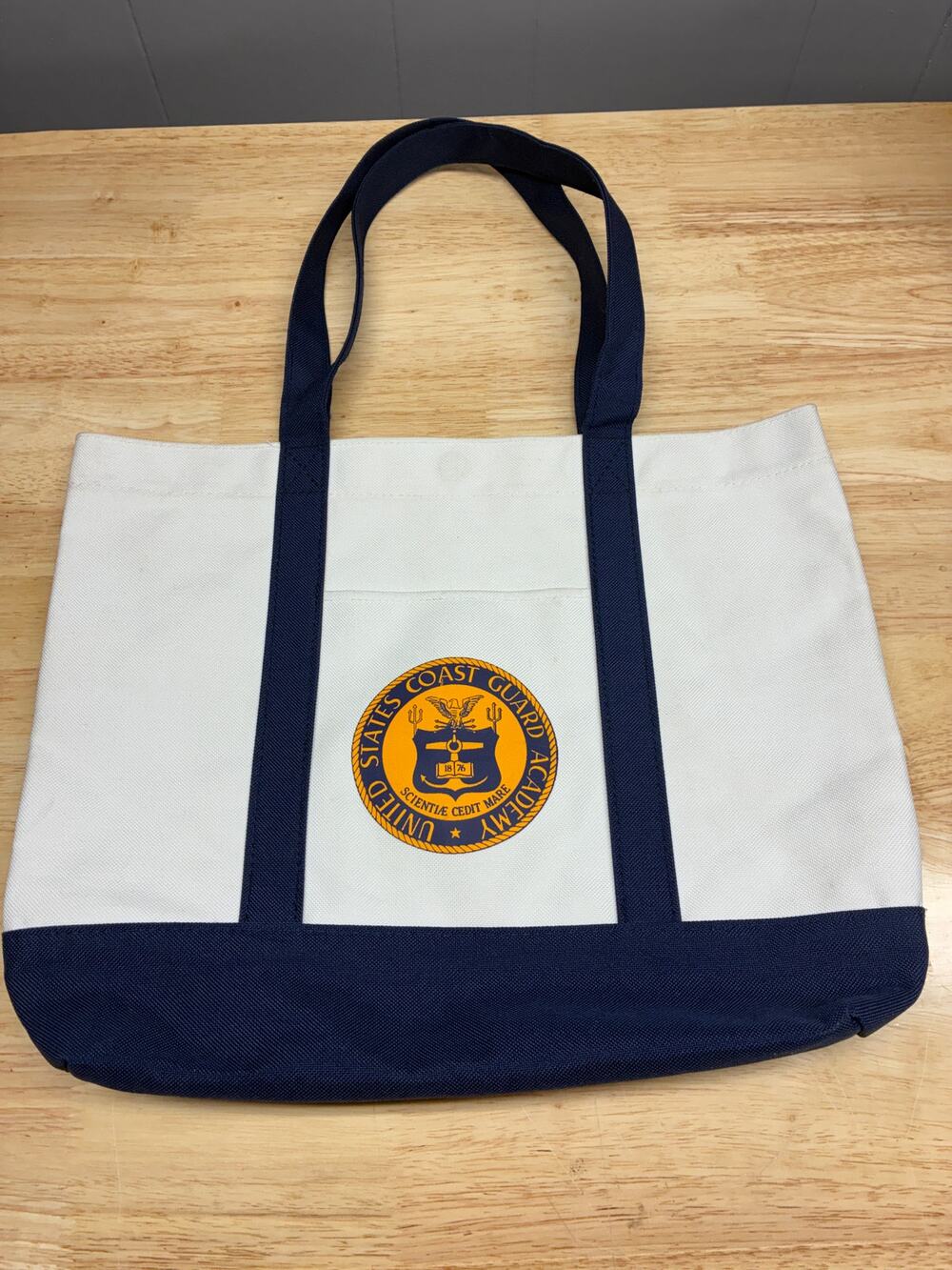 United States Coast Guard Academy Canvas Boat Tote Navy & Natural Snap Closure